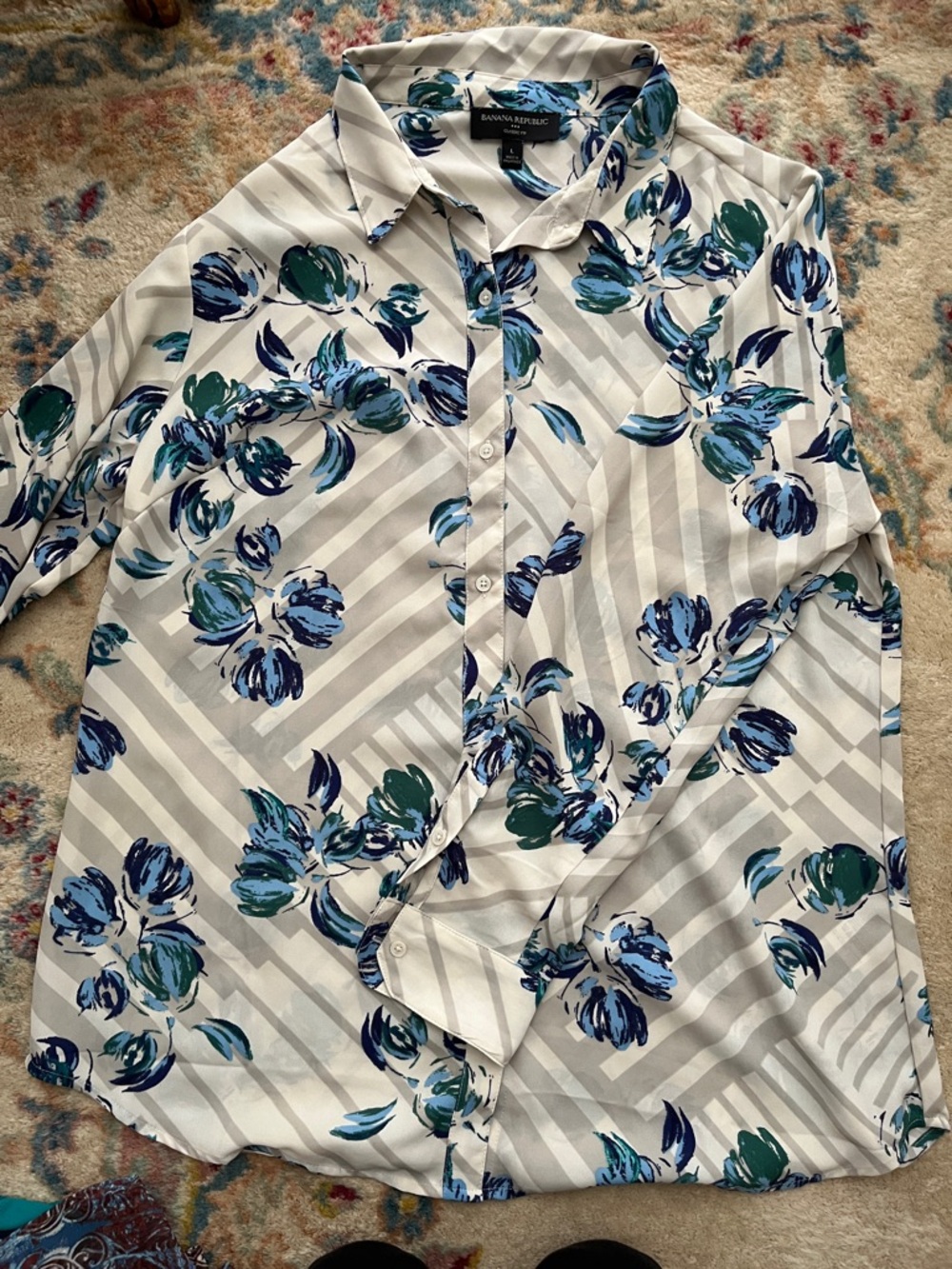 Banana republic sheer striped and floral button up collared shirt